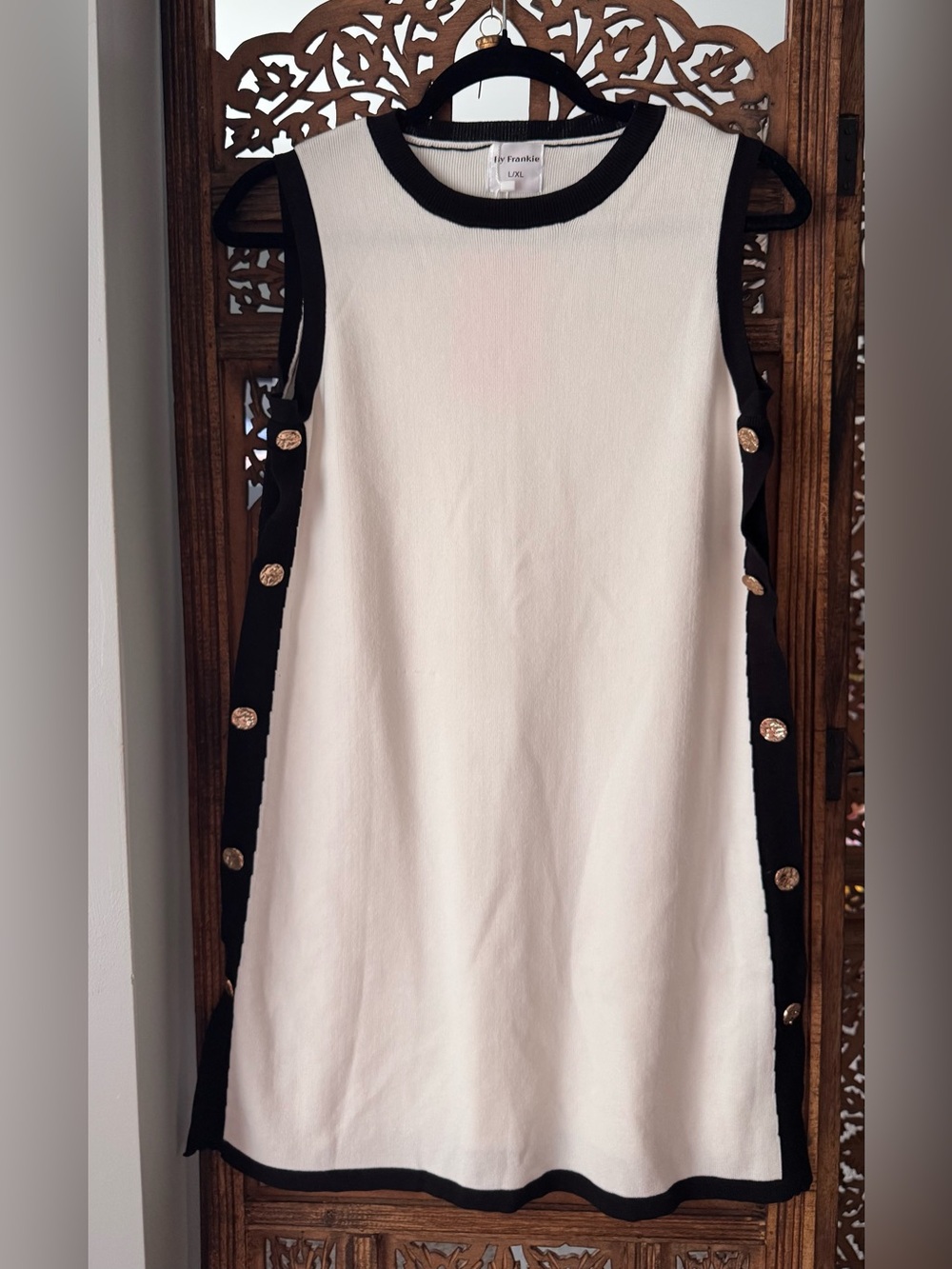 By Frankie a White Knit dress with Black Trim and Gold Buttons L/XL